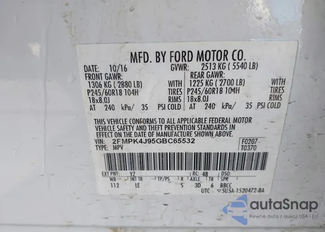 2016 Ford Edge Sel z USA, uszkodzony, nr VIN 2FMPK4J95GBC65532